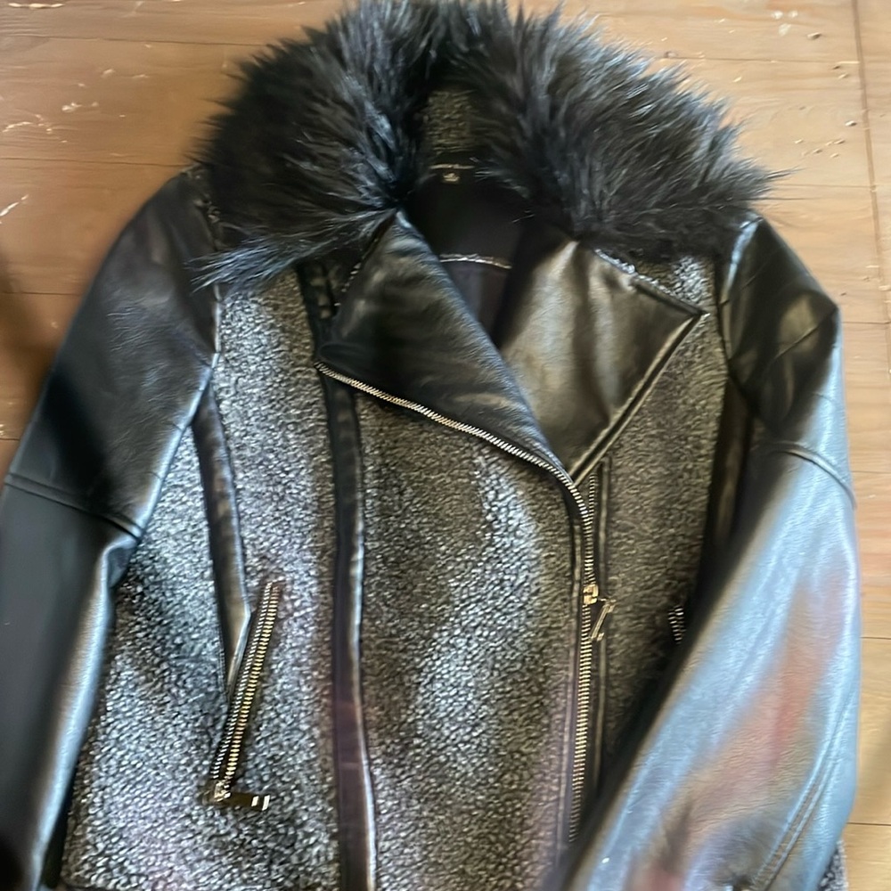 Rebecca Elliot faux leather bomber jacket with faux fur collar